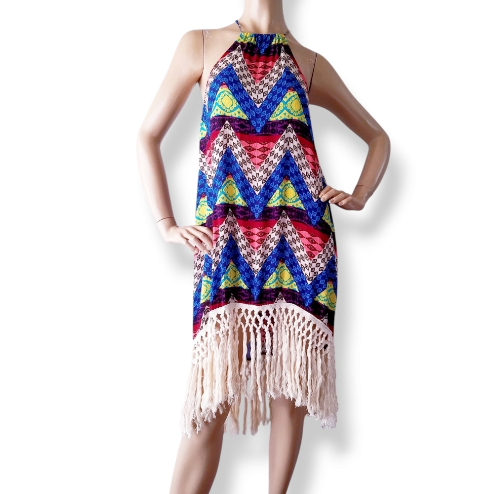 Listicle Multicolored Boho Chevron Seeing-Eye Fringe Hem Dress